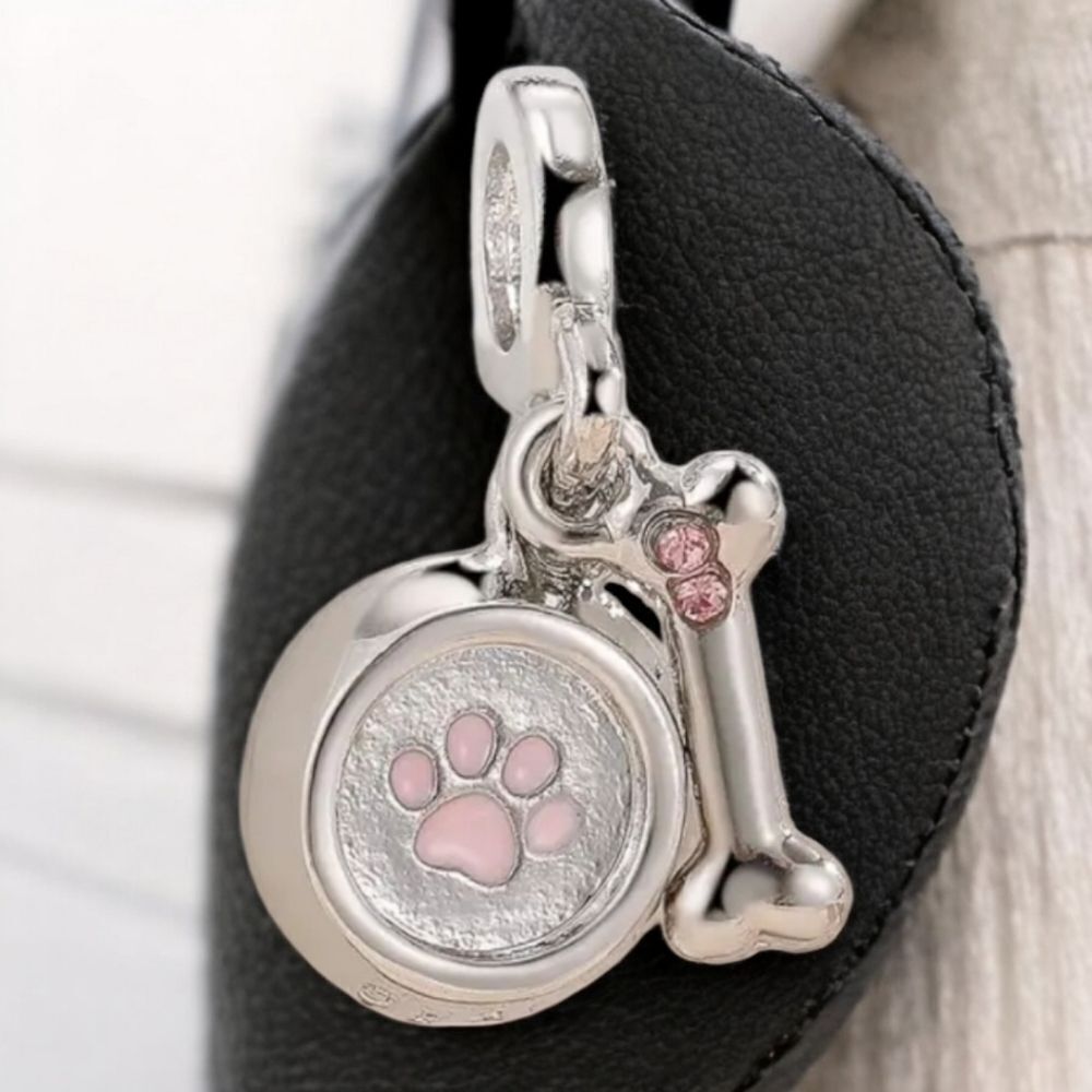 Dog Mom 🐾 Pet Love Charm Bracelet Charms Rhinestone Pink Bowl Paw Print Dangle